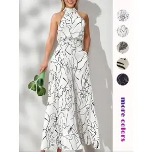 Women’s all-over print halter neck jumpsuit with tie back and pockets; women’s overalls; chic casual sleeveless wide-leg summer jumpsuit; fashionable ladies’ clothing for beach holidays and vacations; womenswear; jumpsuits for women; casual-style jumpsuit