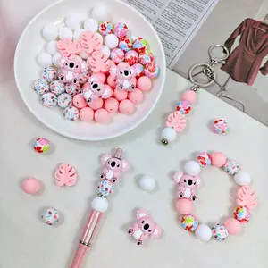 56 silicone beads, 3D pink sloth element colorful printed silicone beads, loose bead set, can be used for DIY making earrings, necklaces, phone charms, makeup brush accessories, keychains, Christmas gifts, holiday gifts, birthday gifts.