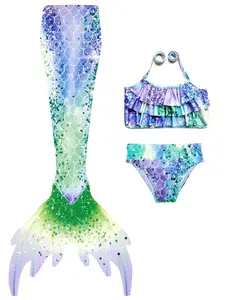 Girls Mermaid Swimsuit Set, Three-Piece Mermaid Tail Princess Swimwear, Side Zipper Bikini Suit, Kids Swimming Costume, Triangle Bathing Suit Kid