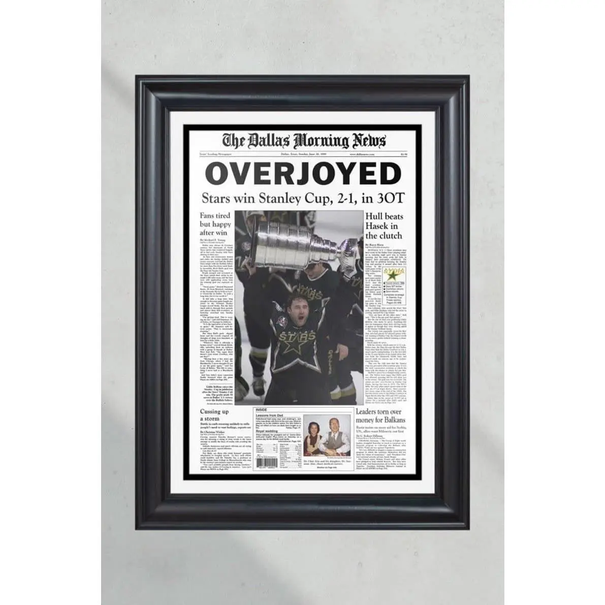 1999 Dallas Stars Stanley Cup Champions Unframed Poster - Brett Hull Crease Goal Front Page Newspaper Print - Stars Hockey History Wall Art