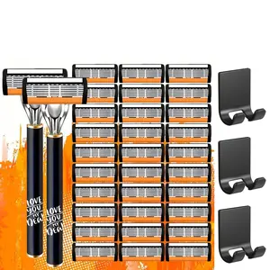 1 knife holder, 12 blades, 3 wall-mounted razor holders, razor, classic men's six-layer printed handle stainless steel manual men's razor, razor set, a gift for men and families, Valentine's Day gift, New Year gift