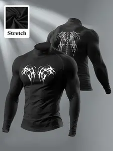 Men's Gothic Wings Compression Shirt, Long Sleeve High Neck, Quick Dry Rash Guard, Vintage Print Workout Top, Casual Activewear