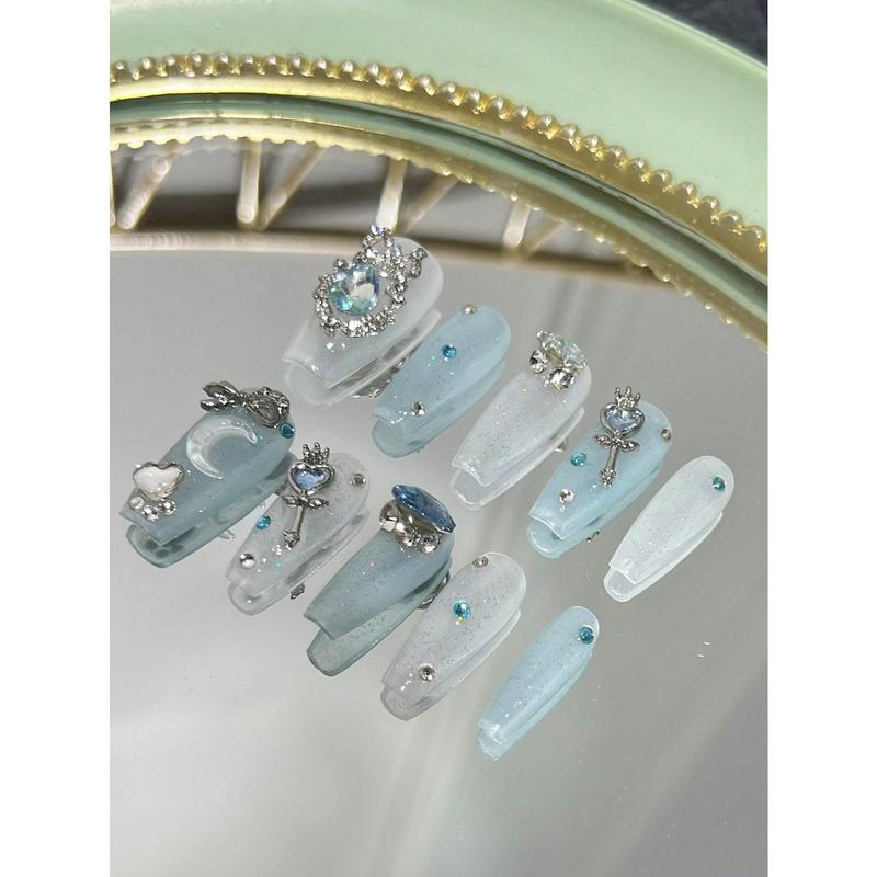 10pcs Handmade Long Coffin Blue False Nails With Butterfly, Flower, Moon, Blue Dove Egg Patterns, Full Cover False Nail Tips With Glitter For Party Press On Nails Nail Supplies