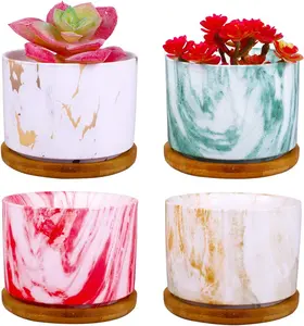 4 pcs 4 Inches Ceramic Marbleizing Style Succulent Planters with Bamboo Trays (Colorful)