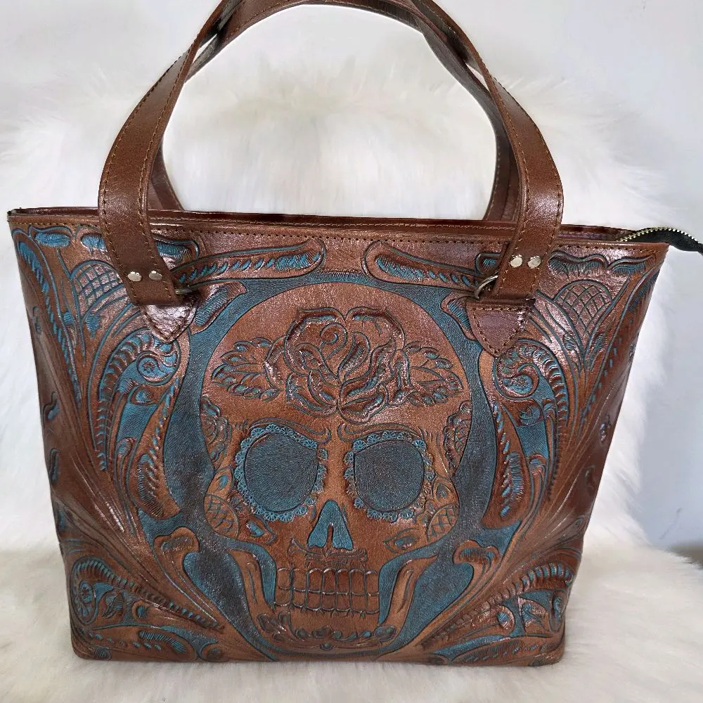 La Llorona Tote - Brown Leather Handbag with Skull Design