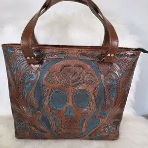 La Llorona Tote - Brown Leather Handbag with Skull Design