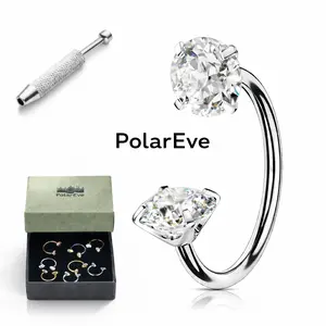PolarEve Titanium 20G/18G 7mm Horseshoe Nose Ring (Free Gem Picker Tool) Internally Threaded Gems Lightweight