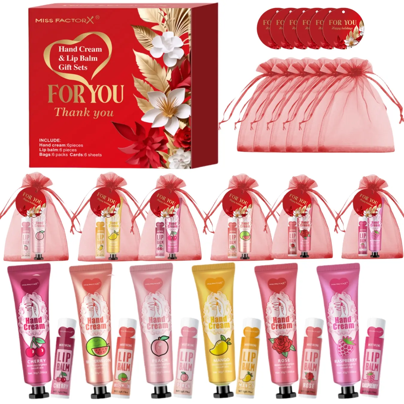 24 Pieces/Box Bulk Gift Set: 6 flavors of lipstick and hand cream, with red H handbag and thank you card - perfect for brides, corporate health, party gifts and Mother's Day gifts