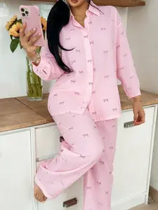Women's Bow Print Striped Pajama Set, Long Sleeve Button-Up Shirt & Wide Leg Pants, Soft Home Sleepwear & Loungewear for Fall&winter