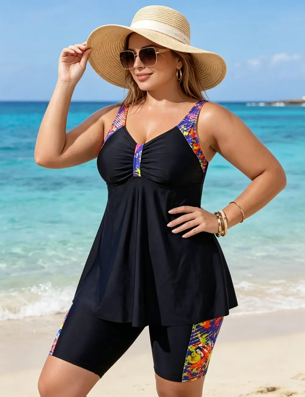 Swimsuits Women Plus Size, Plus Size Modest Swimwear for Women, Two-Piece Tankini Set with Flowy Swing Top and Quick Dry Knee-Length Swim Shorts