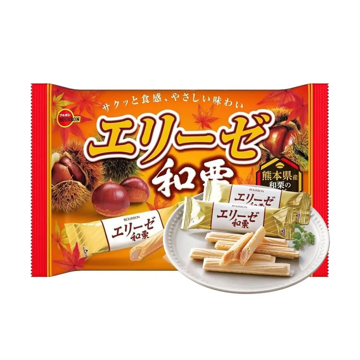BOURBON Elise Chestnut Cream Wafer Rolls 115g - Japanese Snack, Crispy Biscuit Sticks with Sweet Cream Filling