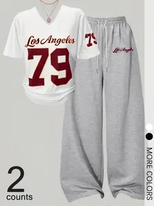 Women's American Style Casual Letter Number Print Set, College Chic Waist-Tight T-Shirt + Wide Leg Sweatpants Two-Piece