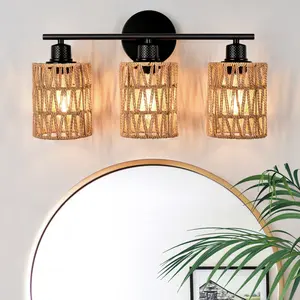 Bohemian Rattan Wall Sconce | 3 & 4 Light Bathroom Vanity Light | Rustic Rope Cage Lighting for Mirror, Powder Room, Bedroom，E26，Bulb not included