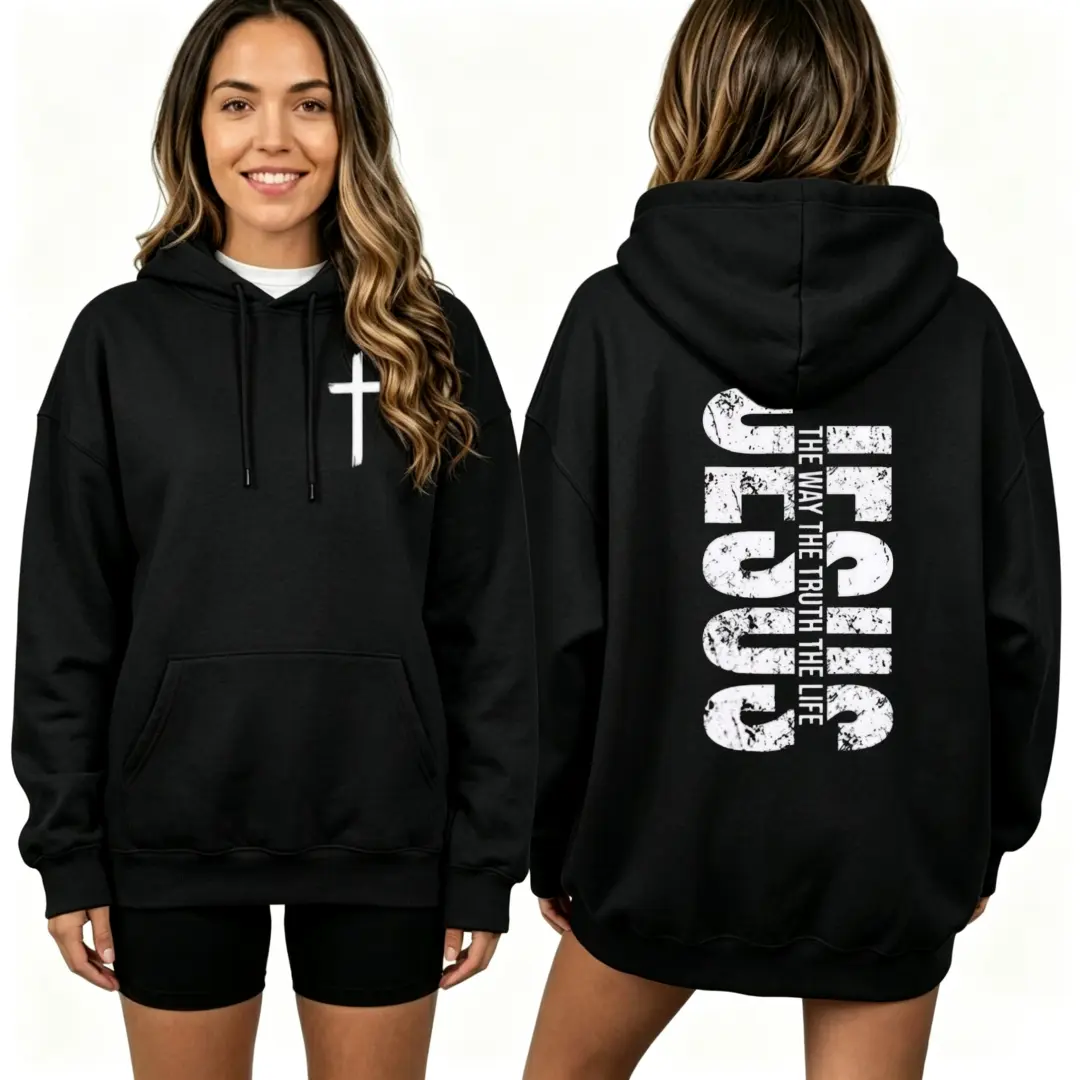 Women Christian Jesus Hoodie, Front Cross Back Print The Way The Truth The Life Graphic Hooded Sweatshirt, Casual Faith Religious Long Sleeve Pullover For Fall Winter Daily Wear