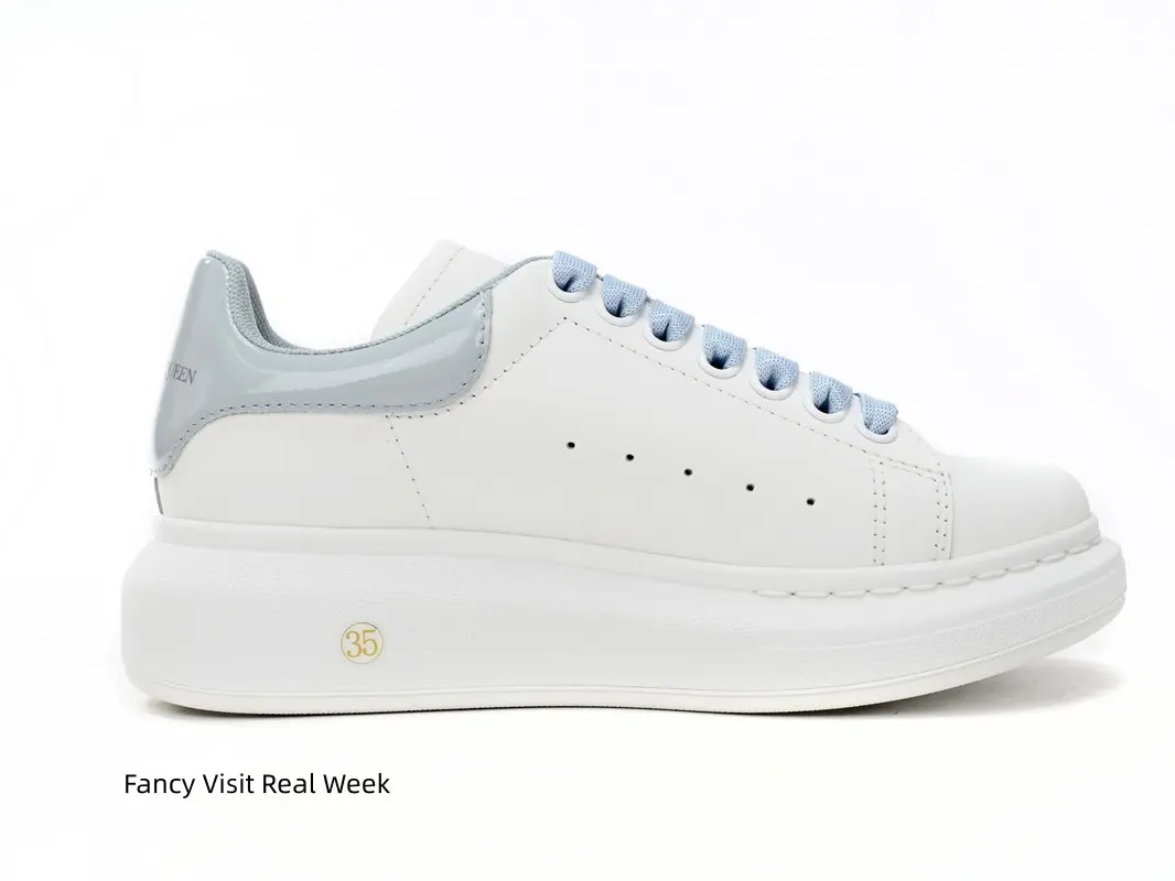 Unisex White Smooth Leather Platform Low Top Sneakers, Pastel Blue Suede Heel & Matching Wide Ribbon Laces, Thick Cushion Sole Comfort Daily Walking Shoes