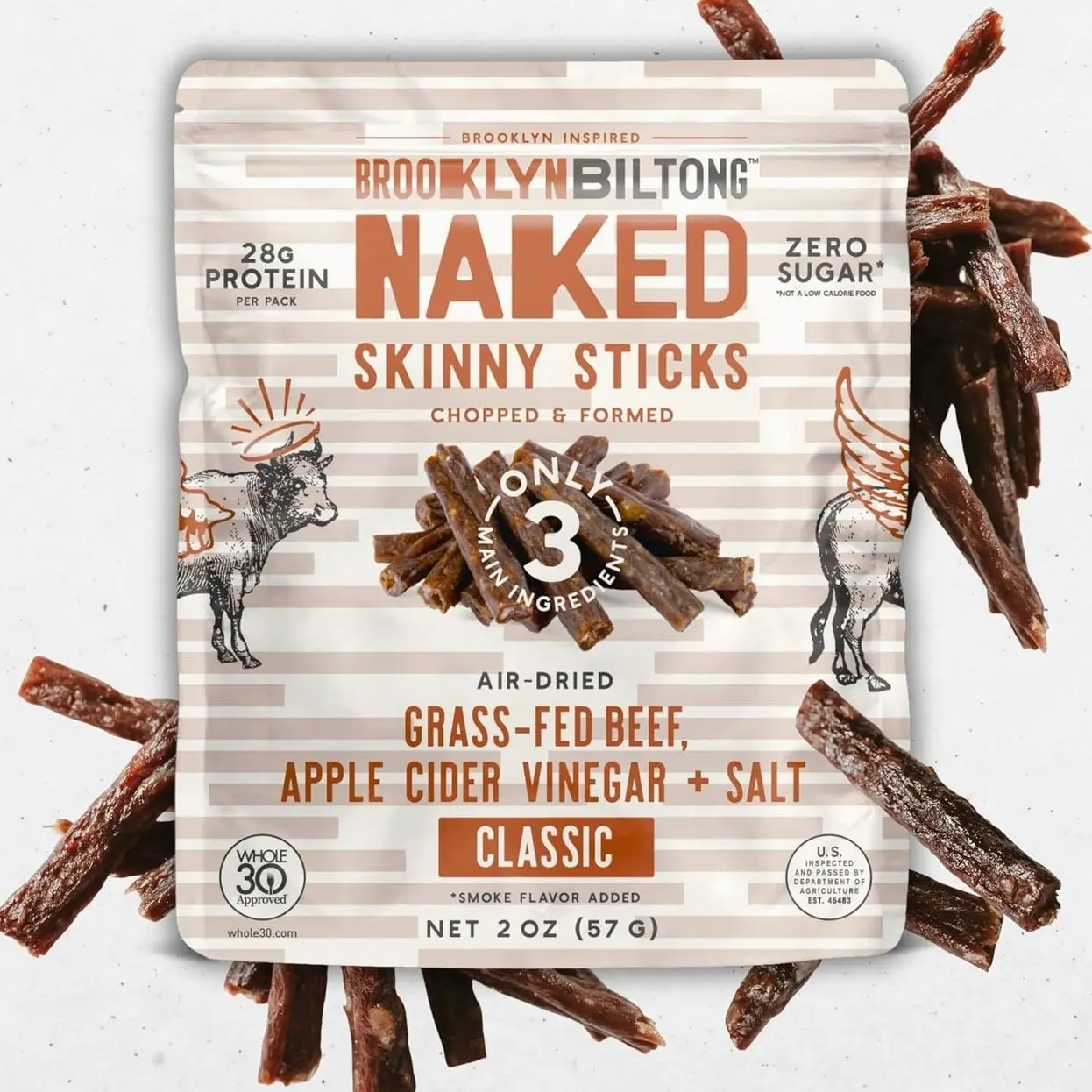 Brooklyn Biltong Naked Skinny Sticks (Naked 2 oz, Pack of 2) - Grass-Fed Biltong Beef Jerky Meat Stick - 14g High Protein Snacks - Premium Air Dried, Paleo, Keto, Gluten Free, Sugar Free - Made in USA