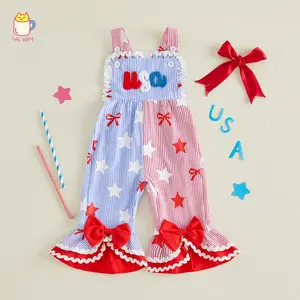 Toddler Baby Girl 4th Of July Romper Jumpsuit Letter Embroidery Star Stripe Print Bell Bottom Overalls Kids Patriotic Outfits