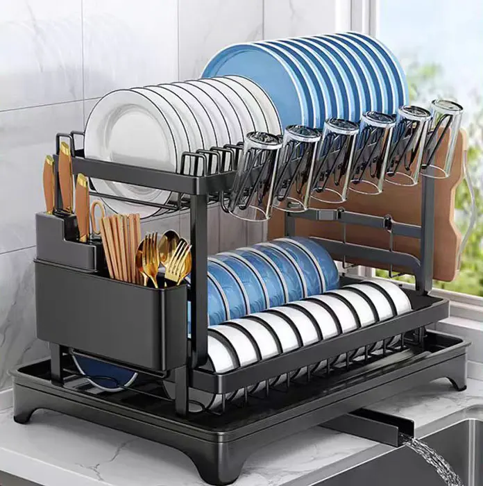 Dish Rack, 2 Tier Utensil Holder, Rustproof Kitchen Dish Drying Rack With Drainboard And Utensil Holder For Kitchen Countertop, Kitchen Accessories