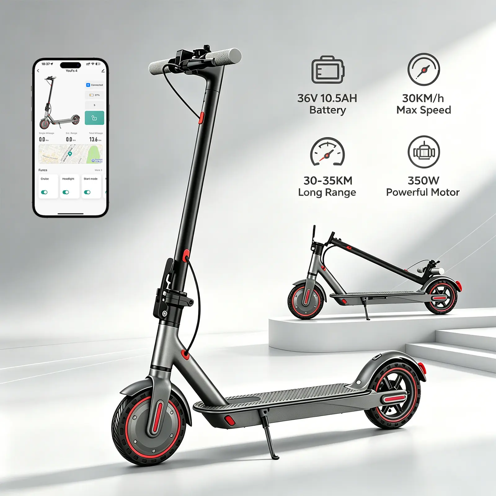 10.5Ah battery Long Range Electric Scooter endurance mileag=19miles Daily commuting Electric Scooter, 350W Motor, 30km/h Max Speed, 30-35km Range, 8.5" Tires, APP Control, Foldable for Adults/Teens, 120kg Load.
