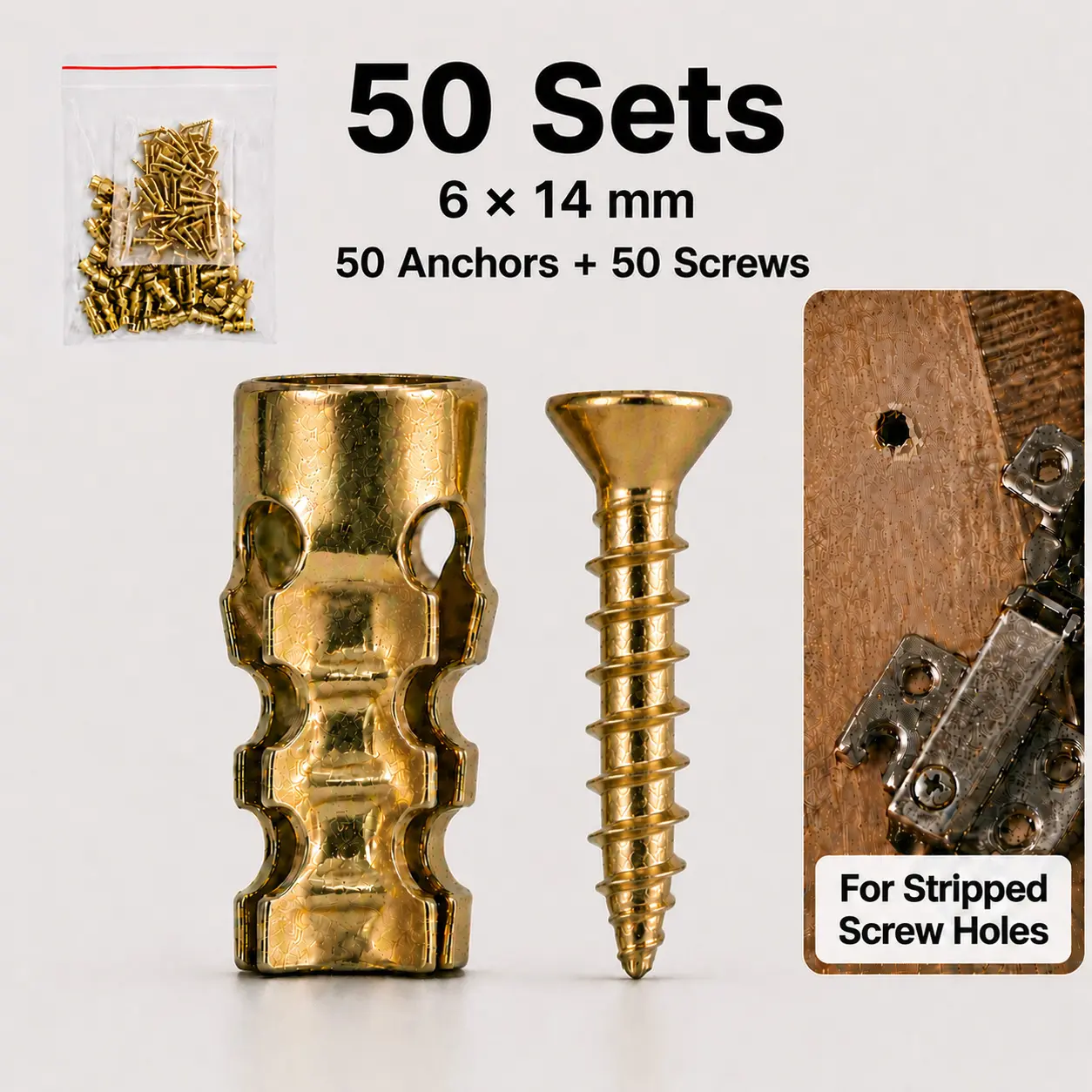 LeeVex 50-Set Cabinet Hinge Repair Kit, 6 x 14 mm Gold Anchors and Matching Screws for Stripped Screw Holes in Wood, Loose Cabinet and Door Hinges