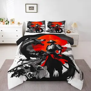 Kids Samurai Comforter Set ,Japanese Samurai Bedding Set Warrior Bushido Comforter for Boys Girls Black Dragon Duvet Insert Microfiber Bed Set