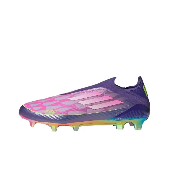 Youth Retro Laceless Firm-Ground Soccer Cleats - Brand-New, Deep-Purple Upper With Pink Crackle Print, Soft Pink Strip Logo, Rainbow Iridescent Stud Sole, Snug Slip-On Fit, Original Shoe Box - Sports Collectible For Grass-Pitch Drills, Casual Soccer Games