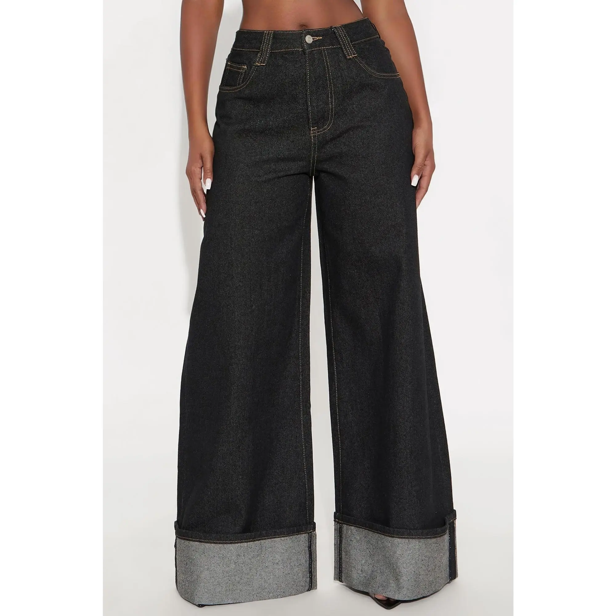 Sooner Or Later Cuffed Wide Leg Jeans - Dark Denim