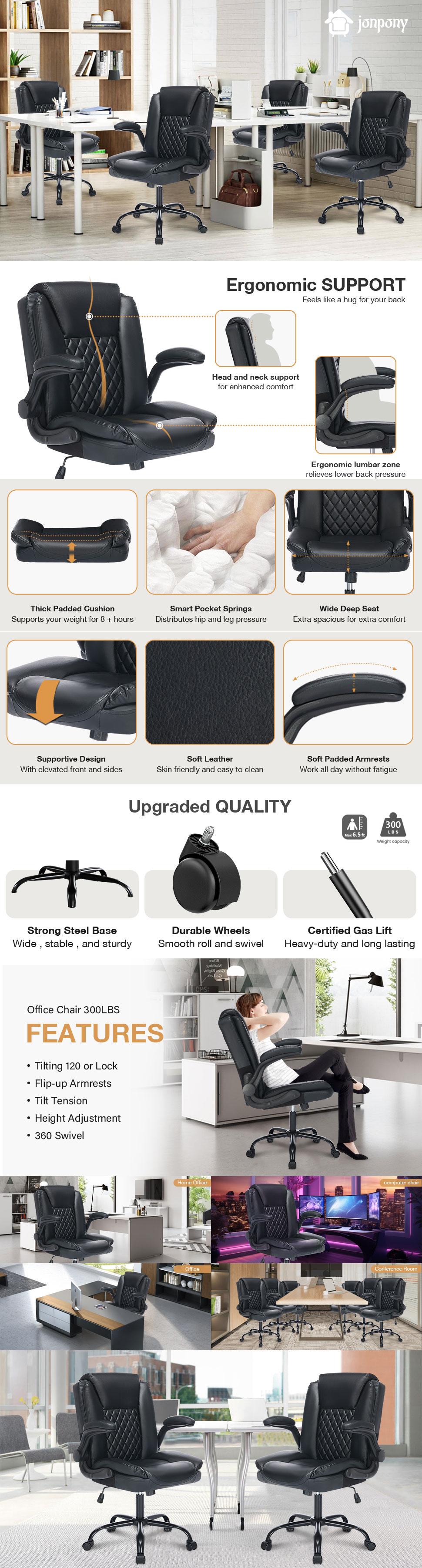 JONPONY Wide Ergonomic Desk Chair - High Back Leather Office Chair, 300lbs Capacity, Adjustable Lumbar Support, Space-saving Arms, Easy Setup