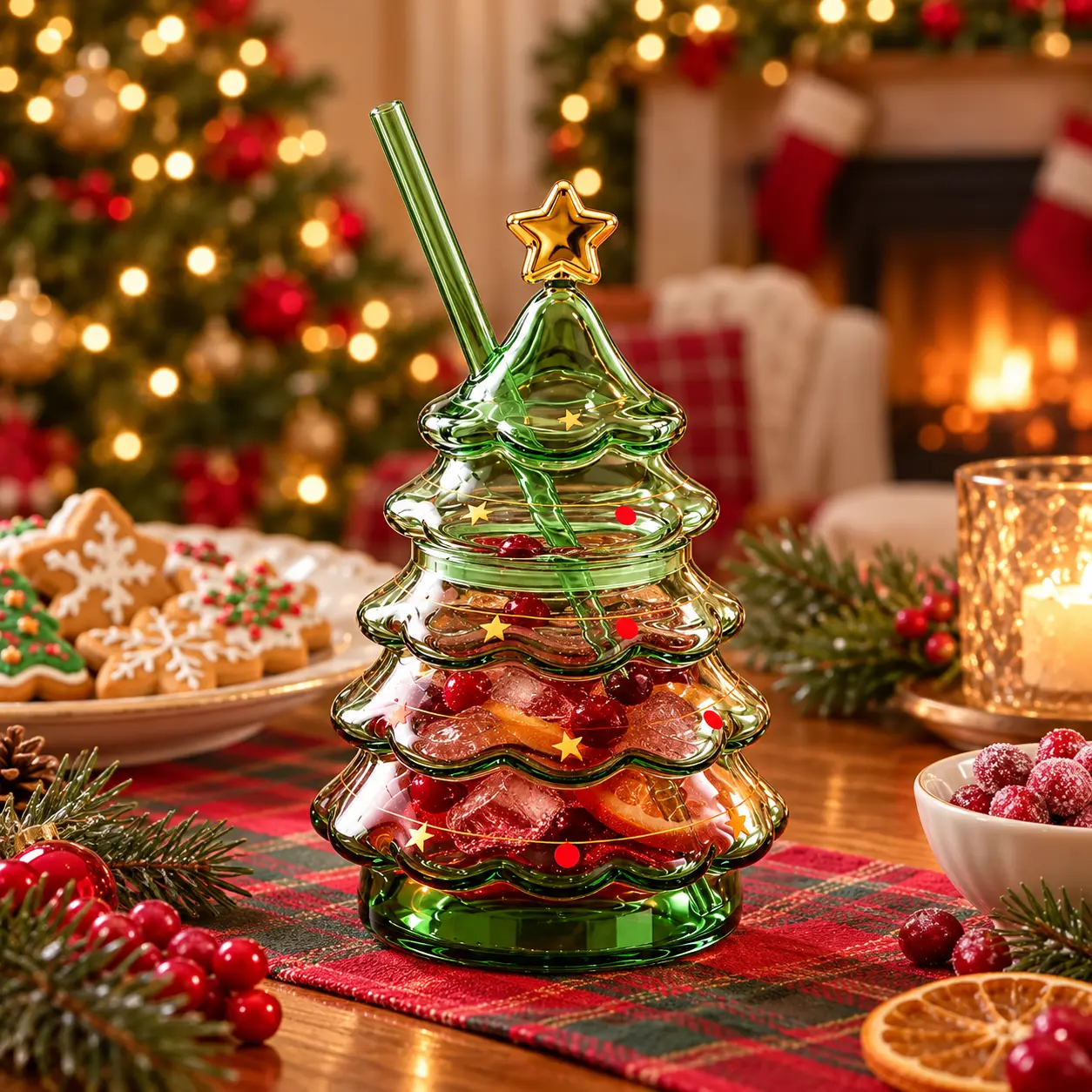 Christmas Tree Glass Cup with Star Lid and Straw, Festive Green Holiday Drinking Glass, Cute Christmas Drinkware for Holiday Parties, Winter Gifts
