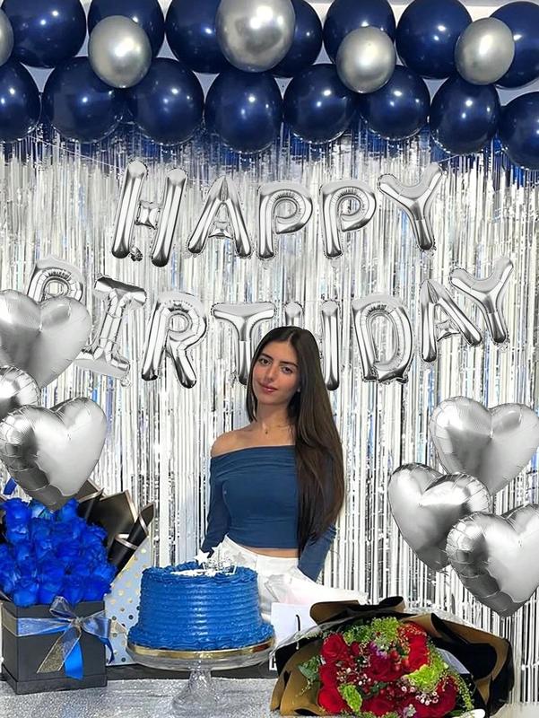 61pcs Silver and Blue Balloon Set for Party Holiday and Birthday Includes 16 Inch Foil Letter Balloons Silver Heart Foil Balloons Metallic Silver and Matte Navy Blue Latex Balloons Red Light Eye Therapy Mask Plastic Dice PE Material Multicolor Decorations
