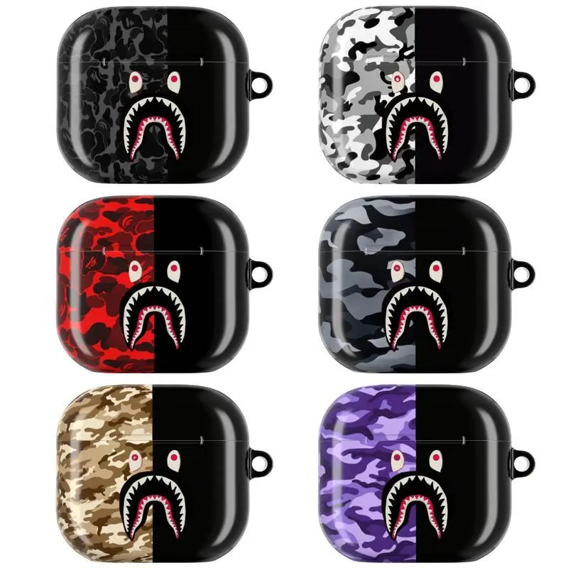 Camo Streetwear AirPods Case Collection | Bold Shark Mouth Icon with Military Camouflage Patterns | Urban Hypebeast Tactical Aesthetic Half-Black Design | Durable Protective Cover | For AirPods 1 2 3 4 & Pro Gen 1 2 3 | Gift