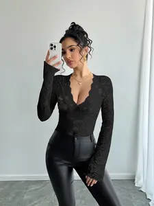 Elegant Chic Floral Lace Sheer Long Sleeve Top, Deep V Neck Design, Stretchy Mesh Fabric, Inner Layer Outer Wear, Women's Fashion All Seasons