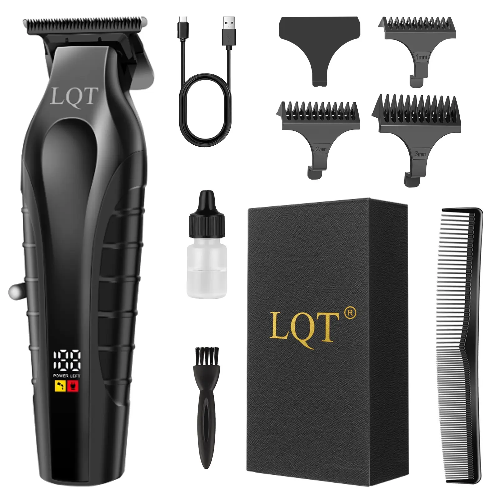 LQT-902  Professional Cordless Rechargeable Hair Clipper for Men with USB Cable & 3 Guide Combs Gift for Haircutting Barber Kit Adjustable Blade Clippers