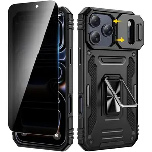 for iPhone 17 Pro Max Case, with Slide Camera Cover & Privacy Tempered Glass Screen Protector & Ring Kickstand Military Grade Heavy Duty Protection Cover for iPhone 17 ProMax - Black