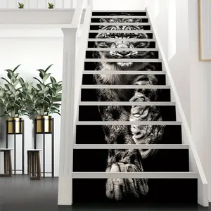 13pcs Modern Peel and Stick Stair Stickers, Black and White Lion Design, Self-Adhesive PVC Staircase Murals, Home Decor for 13 Steps, 39.37"Lx7.08"W, PVC Stair Decals|Staircase Murals|Selfadhesive Decals