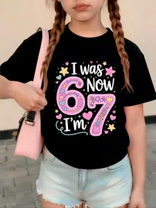 Girls' Outdoor Casual Round Neck Short Sleeve Top, Bottom, Birthday Theme, Cute Number Print, Heart Star Decor, All Seasons