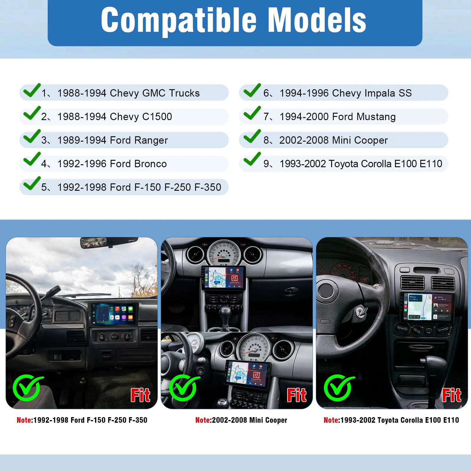 Car Stereo for 1992-1998 Ford F150 F250 F350 with Wireless CarPlay,for mini cooper 2002-2008, for Toyota Corolla 9" Single DIN Retractable Touch ScreenTouchscreen Car Radio with GPS Navigation, Bluetooth, WiFi, FM/RDS, Backup Camera Support, Mirror Link