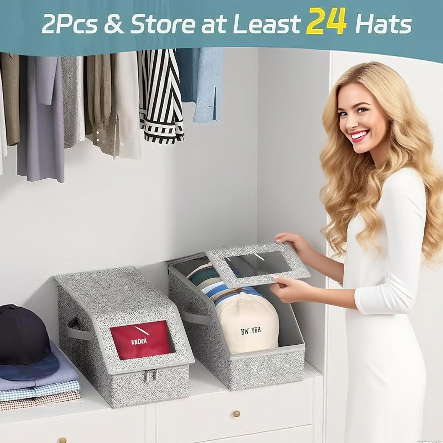 Stackable Baseball Cap Storage Box, Large Capacity Holds Up to 12 Hats, Durable Foldable Cardboard Hat Organizer, Dustproof Space Saving Versatile Hat & Toy Storage Solution for Home Bedroom Wardrobe