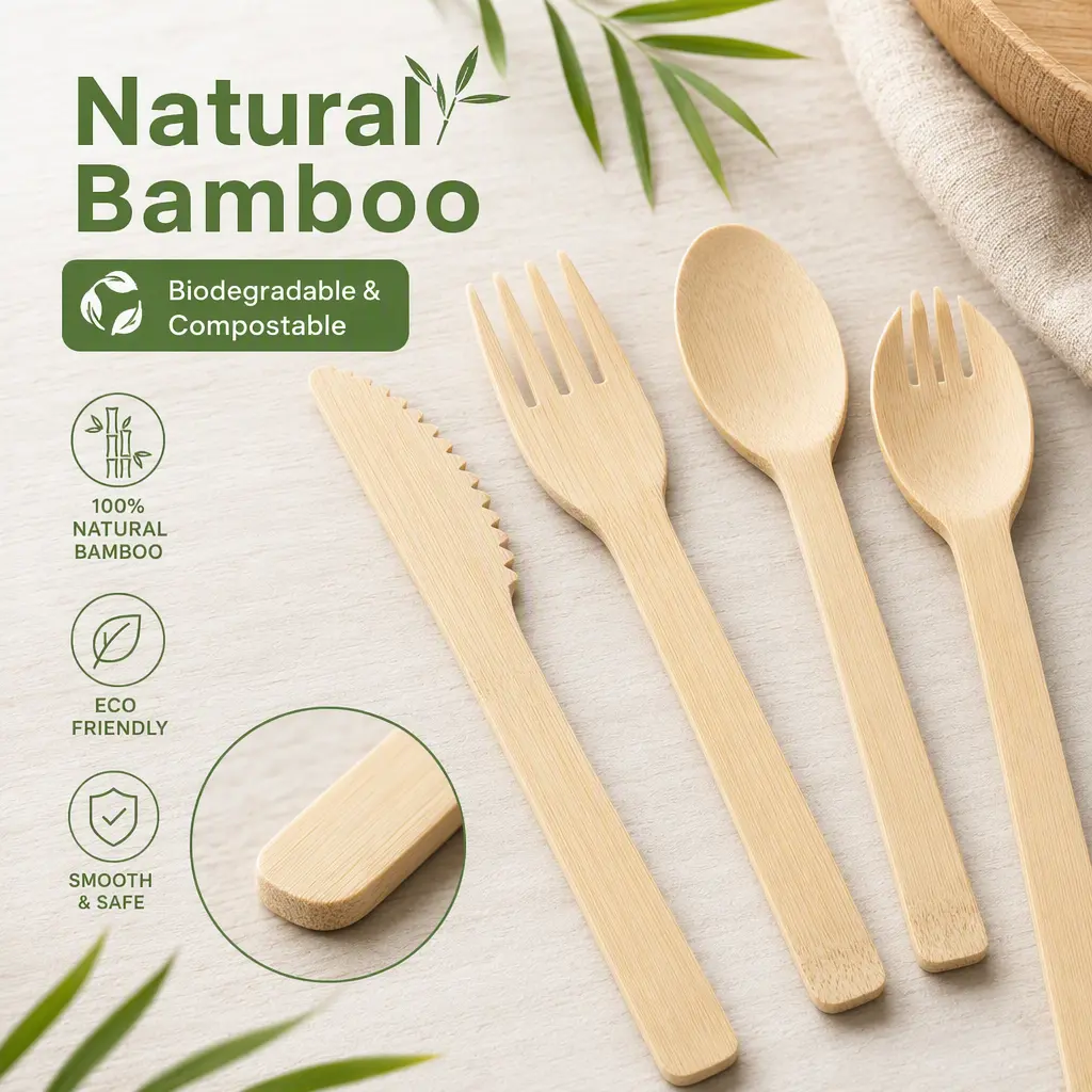 300 Count Extra Heavy Duty Bamboo Cutlery Set Utensils | 100 Forks, 100 Spoons, 50 Knives, 50 Sporks, BPA-Free, Heat Resistant, Disposable Eco-Friendly Silverware Bulk