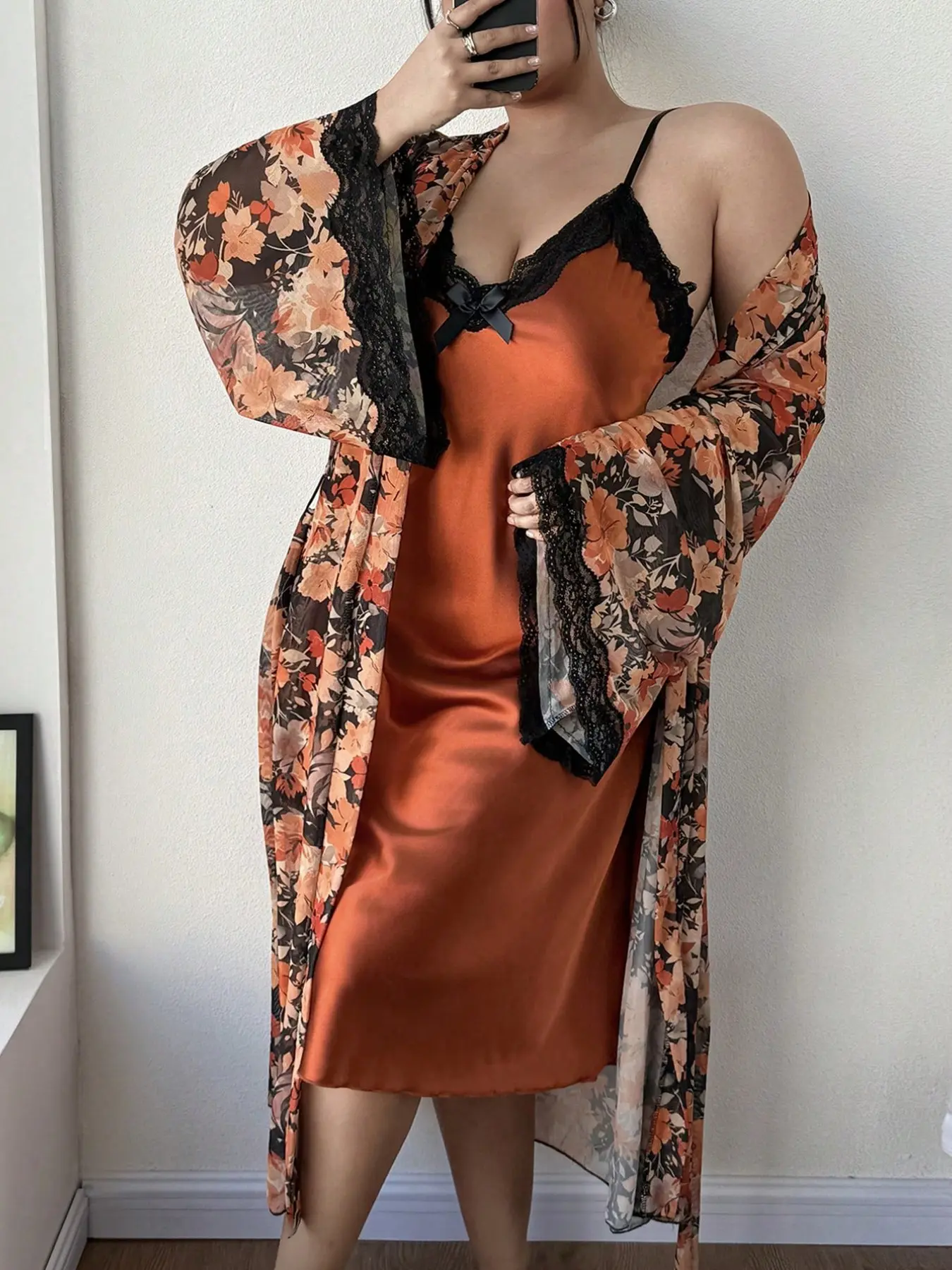 Vintage Blossom Floral Chiffon Nightgown, Womenswear, French Romantic Aesthetic Style, Elegance, V-Neck Lace Sleeves, Tie Waist, Lightweight Breathable Loungewear, Home Sleepwear