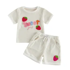 [Lullaby] Toddler Baby Girls Summer Outfit Cute Strawberry Embroidery Short Sleeve Tops with Shorts 2Pcs Set