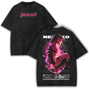 Nezuko X Demon Slayer – Washed Oversized Tee with Demon Slayer Anime Graphic, Vintage Streetwear Aesthetic Shirt