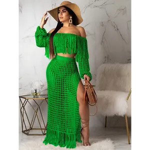Women's Half Skirt Set, One Shoulder Strapless Off Shoulder Top And Side Slit Tassel Long Skirt, Sexy Dress Knitted Hollow Tassel Holiday Beach Wear