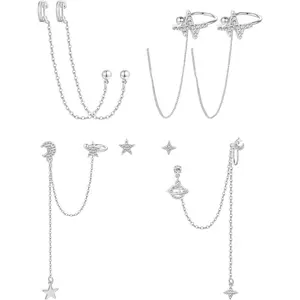 6 count Cuff Earrings Chain Drop Stainless Steel Dangling Earrings with CZ Inlaid Hoop Wrap Threader Tassel Earrings Crawler Climber Earring Planet Star Butterfly Leaf Moon Round Studs Jewelry for Women 20G