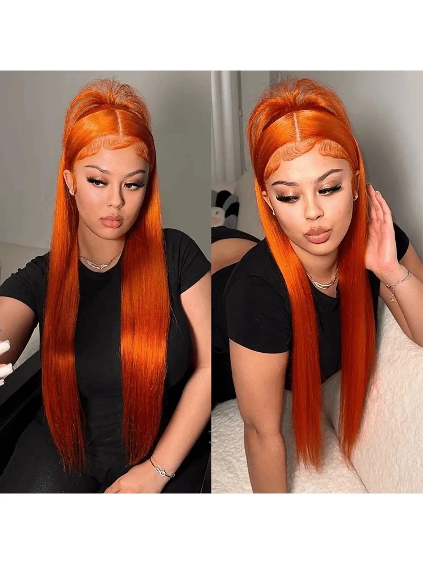 350# Ginger Orange Straight Lace Front Wig, 13x4 HD Transparent Lace Frontal Wig, Brazilian Virgin Human Hair 180% Density, Pre Plucked With Baby Hair Colored Wig For Women