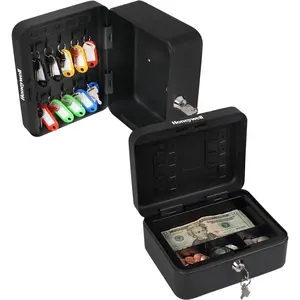 Portable Safe - Convertible Small Cash Box with Removable Money Tray - Durable Lock Box with Storage under Tray & 10 Key Hooks - Metal Money Safe with Key Lock - Black, 0.1 CU - 611