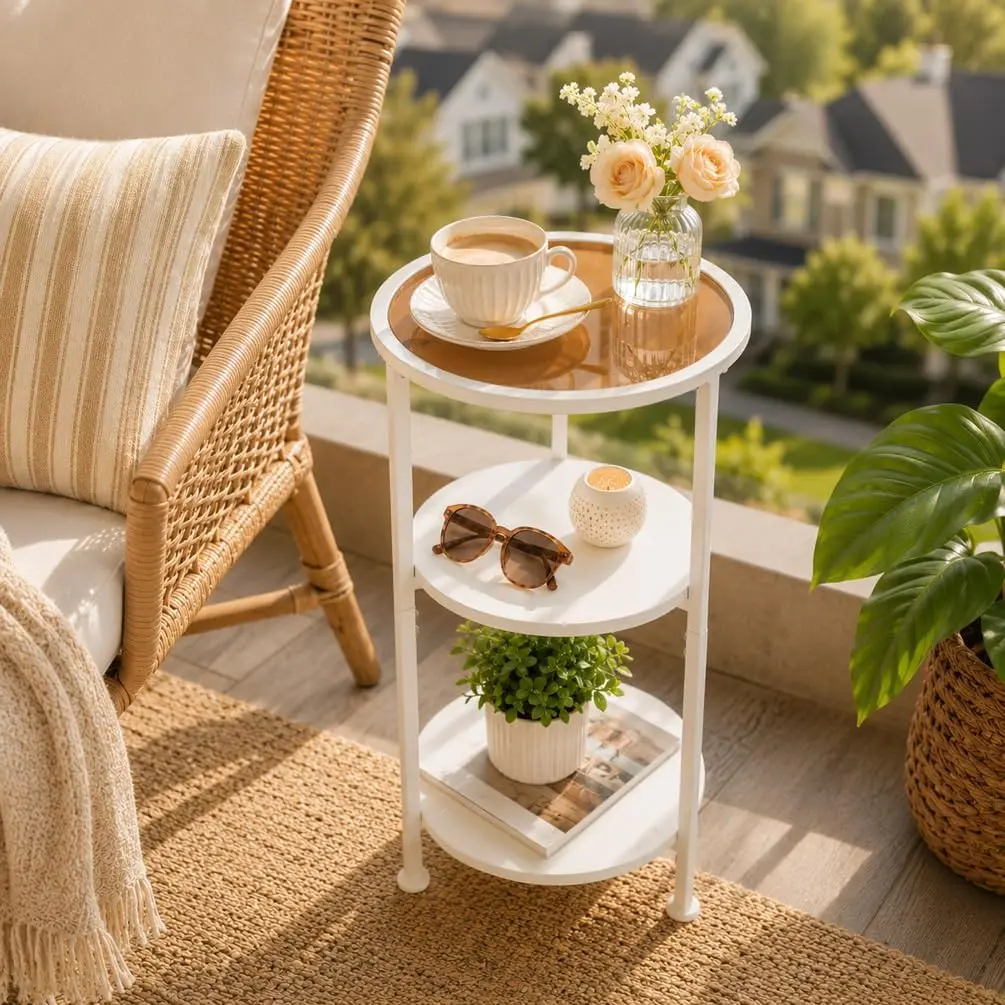 3-Tier Round Side Table with Amber Tempered Glass Top, White & Amber | 11.8" Amber Glass Slim End Table for Small Spaces, Metal Frame & MDF Shelves Nightstand Bedside Table for Living Room Bedroom