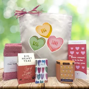 Itsonlynaturalgifts Candy Hearts Valentine's Day Gift Basket with Cozy Socks Big Heart Tea Cup Seed Sprouting Kit & Candy Hearts for Her Perfect Gift