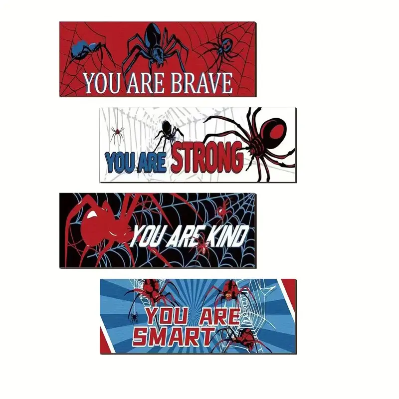 4 Piece Wooden Spider Wall Decor Signs, Decorative Plaque, Modern Inspirational Quotes, Modern Decorations, Bedroom and Living Room Decoration, Spider Pattern Wall Art, Home Decor Products, Customized Decoration, Home Decor Accessories