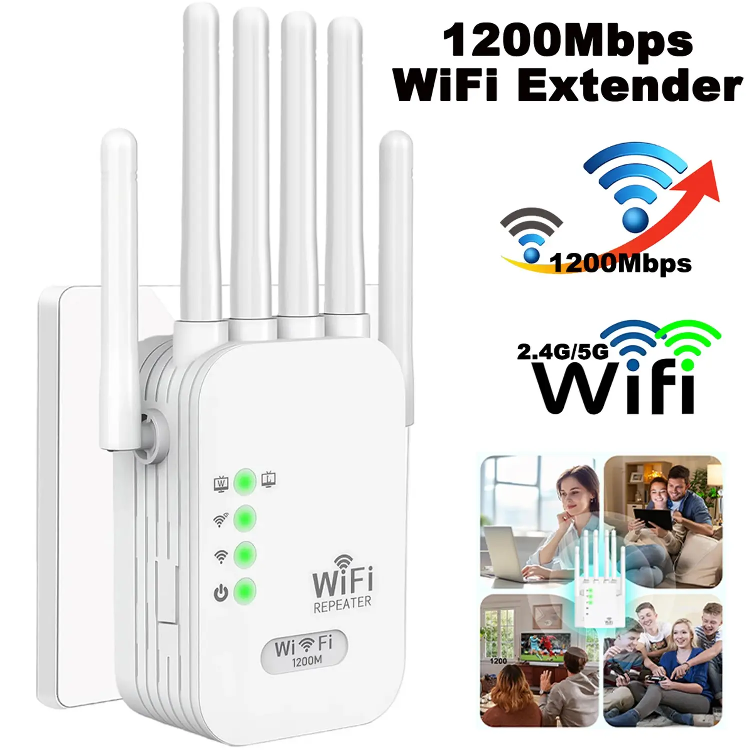 Home WiFi Signal Booster, Long Range WiFi Extender, 200mbps Dual Band 5GHz/2.4g, 6 Antennas, Quick Setup, Wireless Amplifier